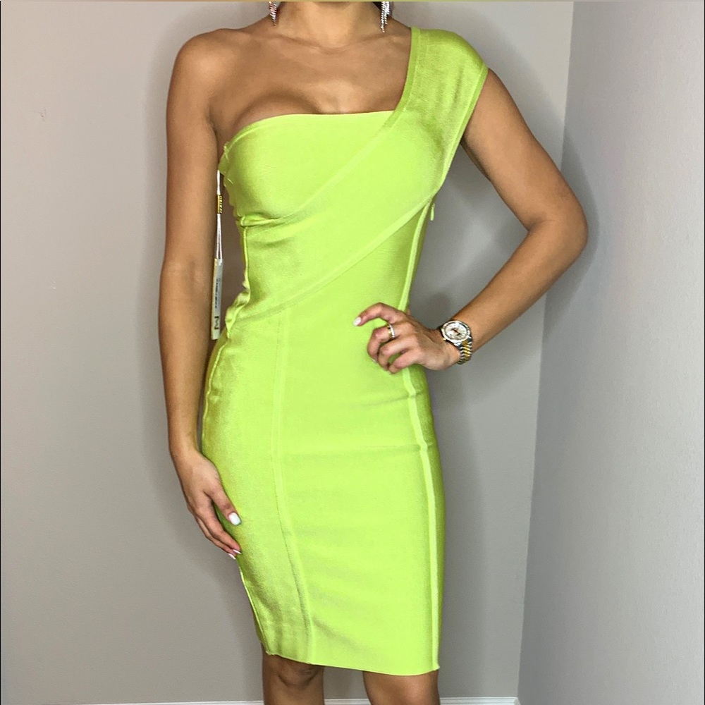 Bonded Lime Green one Shouldered dress Meshki